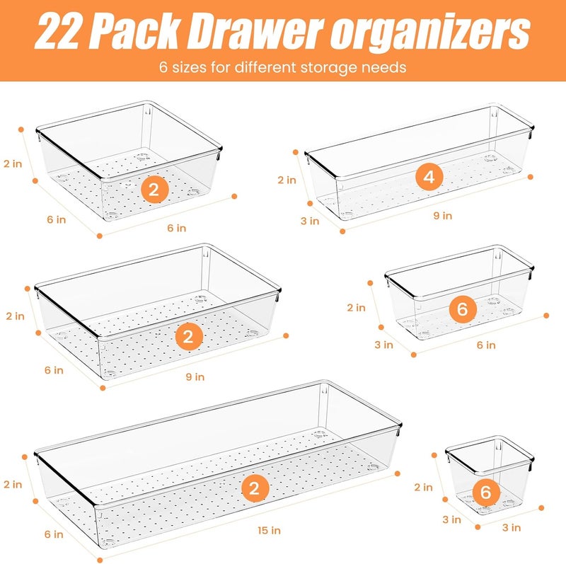 Criusia 22 Pcs Drawer Organizer Bins, Acrylic Non Slip Kitchen Drawer Organizers Storage Tray Divider, Multifunctional Storage for Cosmetics, Bathroom, Tools, Kitchen and Office - Image 2
